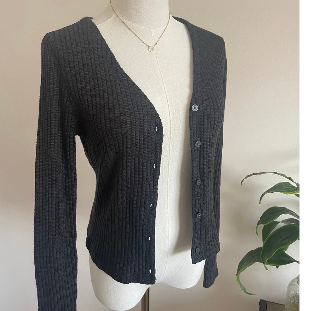Everlane Black Ribbed Organic Cotton Cardigan Sweater Size Small